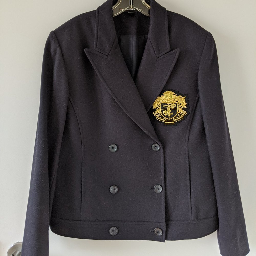 Ellen Tracy Navy Gold Embroidered Wool Blazer